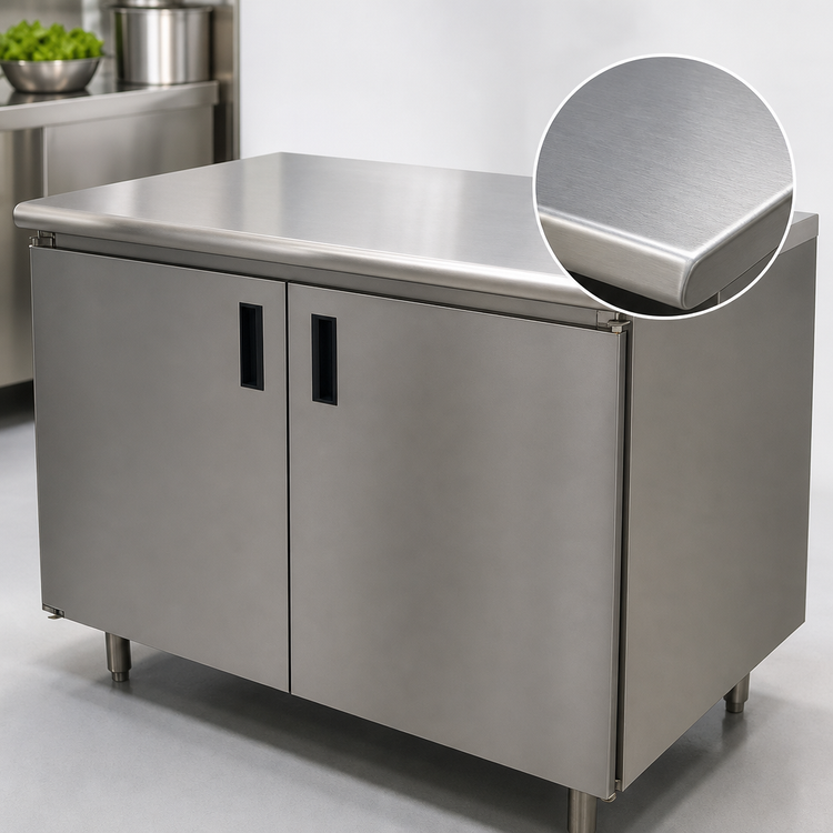 Product image #3 for Advance Tabco Special Value Economy Enclosed Work Table with Cabinet Base, Mid-Shelf and Hinged Doors, 48 x 24 Inches, 16 Gauge 304 Stainless Steel Top
