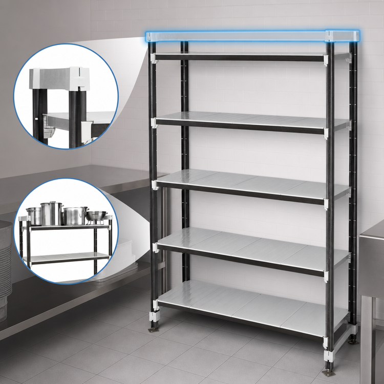 Product image #3 for Cambro Camshelving Elements XTRA High Density Top Rail Stationary Starter Unit, 18 x 48 x 81, 5-Tier, Speckled Gray