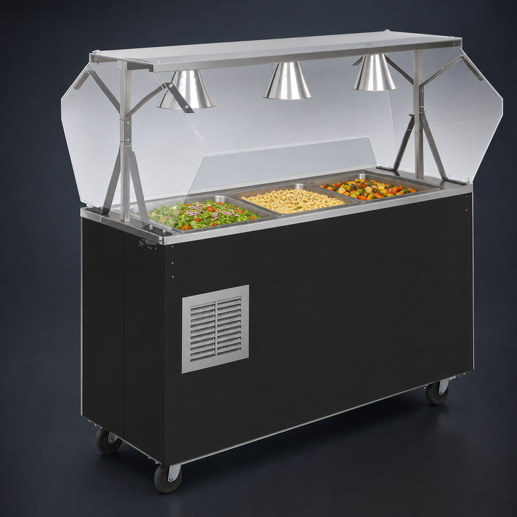 Product image #3 for Vollrath 2-Series Affordable Portable Mobile Refrigerated 3-Pan Cold Food Buffet Station with Lights, Breath Guard, and Open Storage Base