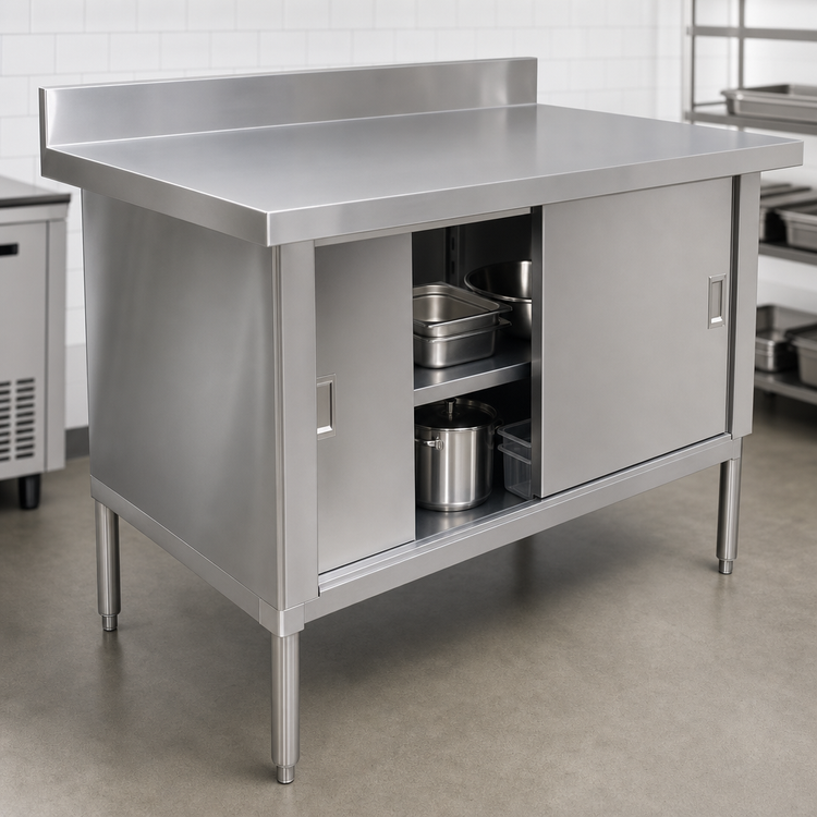 Product image #3 for Omcan 48 Inch x 30 Inch Enclosed Work Table with Sliding Doors, 18-Gauge Stainless Steel Top, and 4 Inch Backsplash