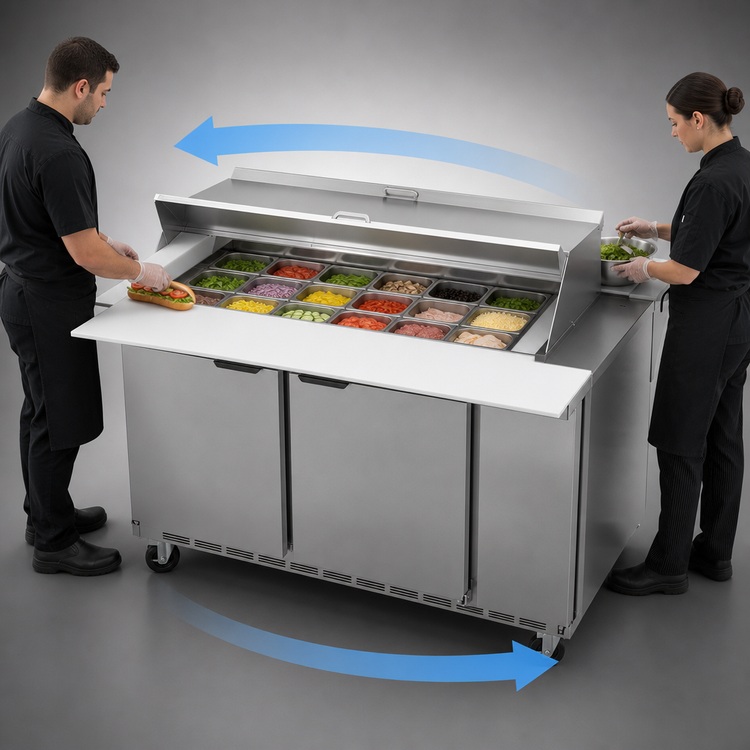 Product image #4 for Beverage-Air SPE48HC-18M-DS 48-Inch Dual-Side Mega Top Refrigerated Prep Table, Two-Section, 2-Door, 18-Pan