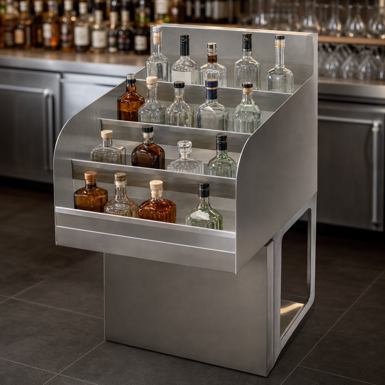 Product image #4 for BK Resources 24-Inch Freestanding Stainless Steel 4-Step Underbar Liquor Display