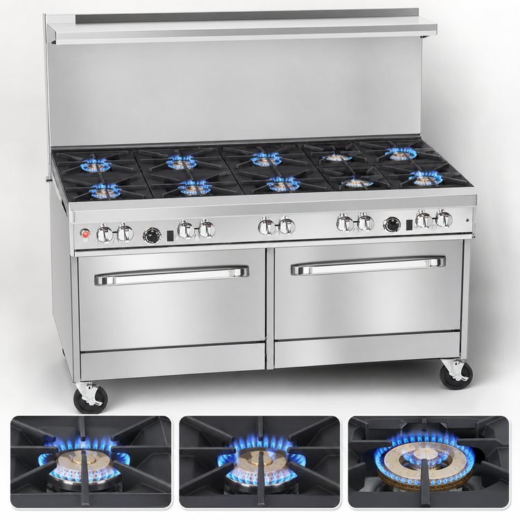 Product image #3 for Ultimate 60-Inch Commercial Gas Restaurant Range with 9 Open Burners and 2 Standard Ovens