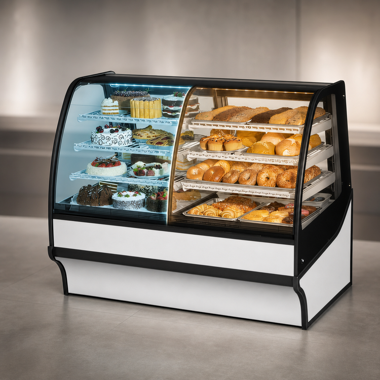 Product image #4 for True Specialty Display Dual Zone Dry/Refrigerated Full Service Display Merchandiser with Curved Glass Front and Glass Sides, 59-1/4 Inch, Self-Contained Refrigeration