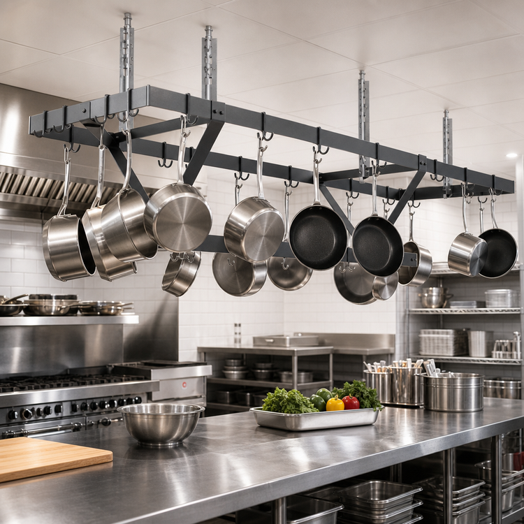 Product image #3 for Eagle Group Commercial Ceiling-Mounted Stainless Steel Triple-Bar Pot Rack with 27 Hooks