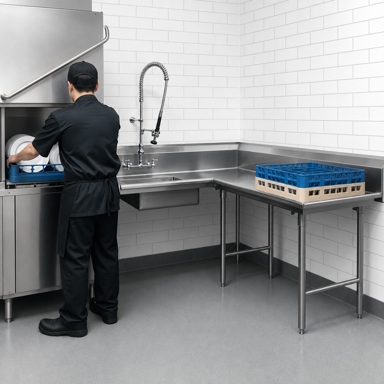 Product image #3 for Advance Tabco Korner Soil Right-Hand L-Shaped Dish Table with Pre-Rinse Sink, 83-Inch, 16 Gauge 304 Stainless Steel