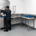 Thumbnail image #3 for Advance Tabco Korner Soil Right-Hand L-Shaped Dish Table with Pre-Rinse Sink, 83-Inch, 16 Gauge 304 Stainless Steel