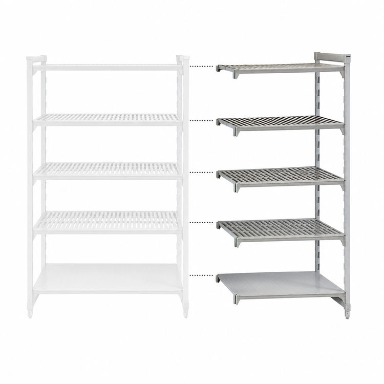Product image #4 for Cambro Camshelving® Premium 24"W x 30"L x 84"H 5-Tier Vented and Solid Add-On Polymer Shelving Unit
