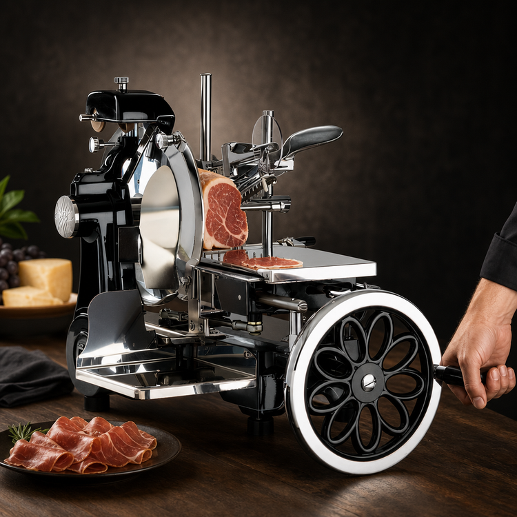 Product image #3 for Trento Volano Manual Food Slicer with 12-Inch Blade and Daisy-Flower Flywheel, Black Finish