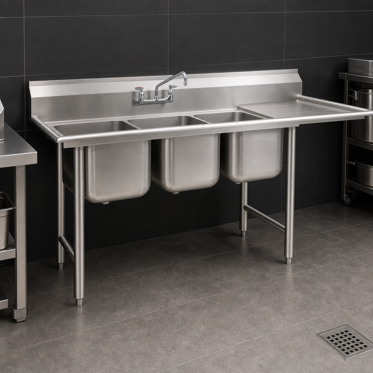 Product image #3 for Eagle Group 414 Series Coved Corner Three-Compartment Stainless Steel Sink with Right-Hand 18-Inch Drainboard, 74-3/8-Inch Wide