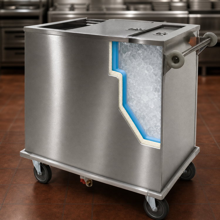 Product image #3 for Dinex Mobile Insulated Stainless Steel Ice Caddy with Sliding Cover, 125 lb Capacity