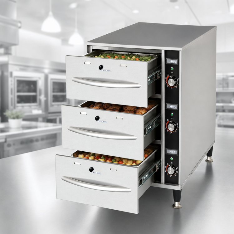 Product image #4 for Omcan USA 3-Drawer Narrow Freestanding Warming Drawer for Full-Size Food Pans