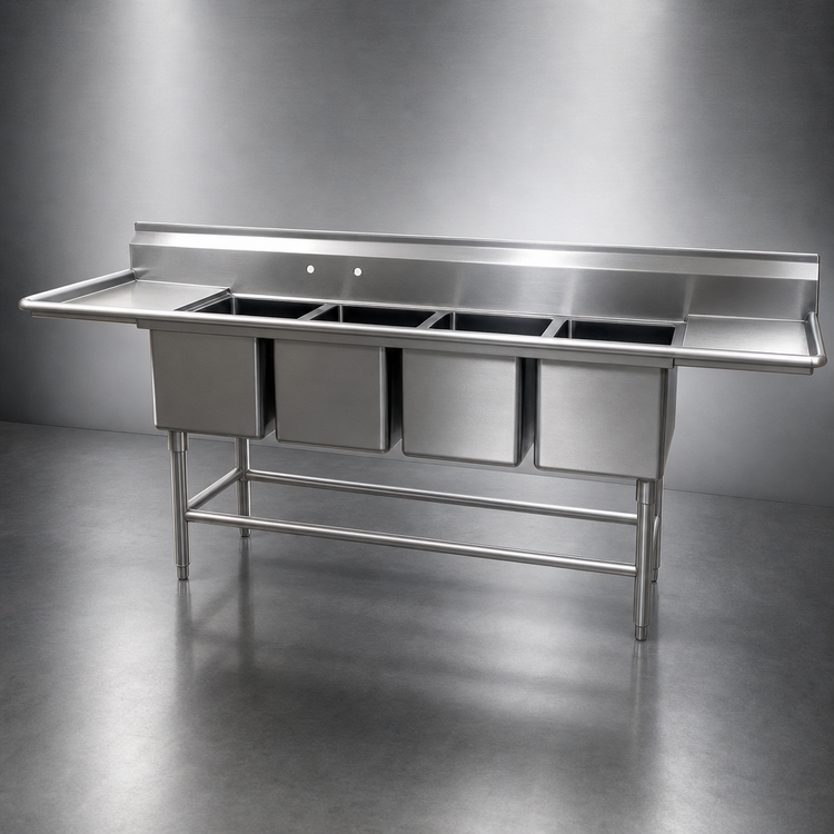 Product image #3 for Eagle Group Spec-Master FN Series 4-Compartment Stainless Steel Sink with (2) 30" Drainboards and 18" x 20" x 14" Bowls