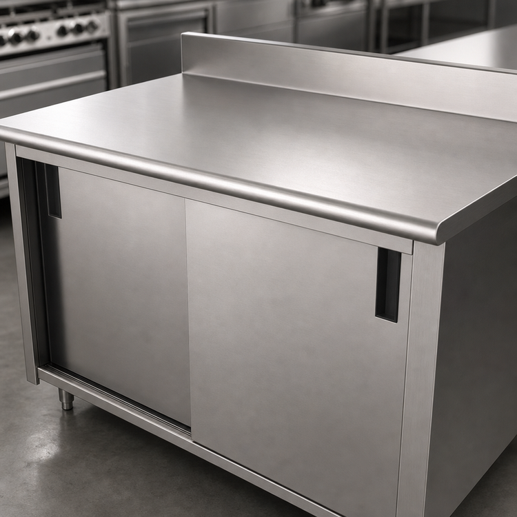 Product image #3 for Advance Tabco CK-SS-248M Enclosed Stainless Steel Work Table with Cabinet Base, Sliding Doors, and 5-Inch Backsplash, 96 x 24 Inch