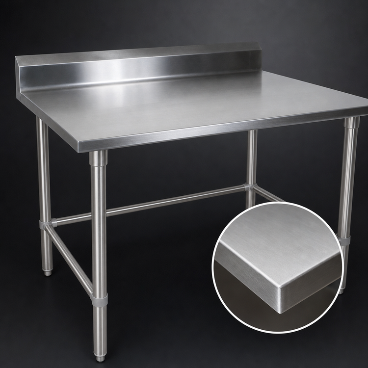Product image #3 for John Boos Stallion 108" x 24" 14-Gauge 300-Series Stainless Steel Work Table with 5" Backsplash and Safety Edge