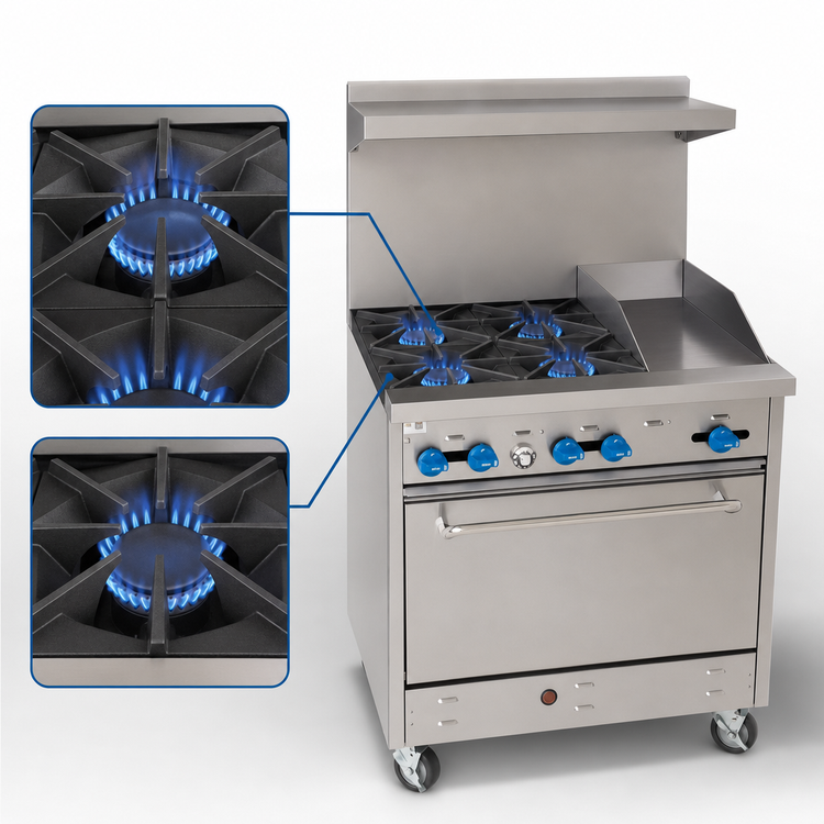 Product image #3 for Comstock-Castle 36-Inch Gas Range with 4 Star Burners, 12-Inch Griddle, Standard Oven, Backriser and High Shelf