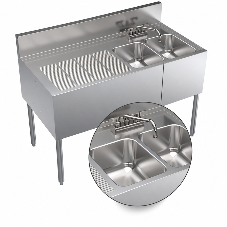 Product image #3 for Krowne Royal Series 48-Inch Stainless Steel Two-Compartment Underbar Sink Unit with Left Drainboard and Faucet