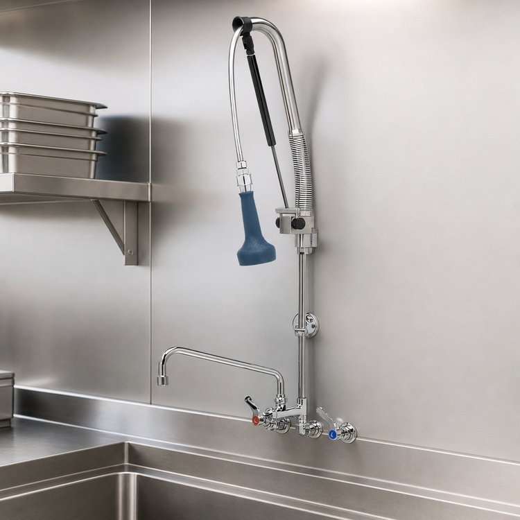 Product image #3 for T&S Brass EverSteel EasyInstall 8-Inch Wall-Mount Workboard Pull-Down Pre-Rinse Unit with Add-On Faucet and 12-Inch Swing Nozzle