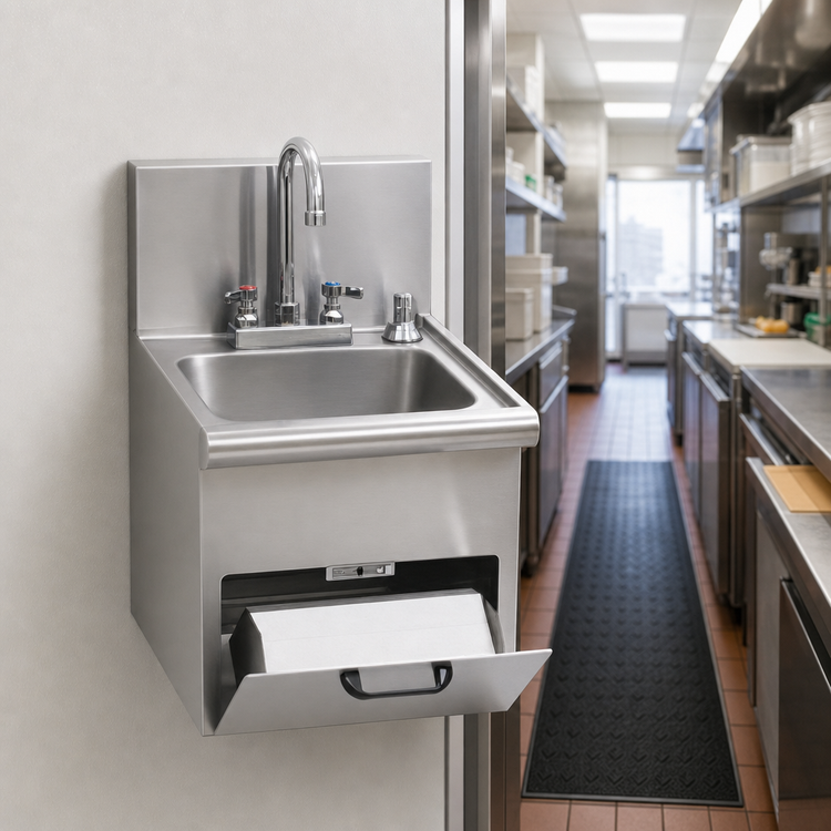 Product image #3 for Space Saver Wall-Mounted 304 Stainless Steel Hand Sink with Gooseneck Faucet, Soap Holder, and Towel Dispenser