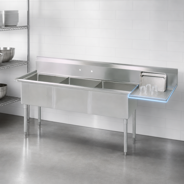 Product image #3 for BK Resources Three-Compartment Stainless Steel Sink with Right Drainboard and 18" x 18" x 12" Bowls