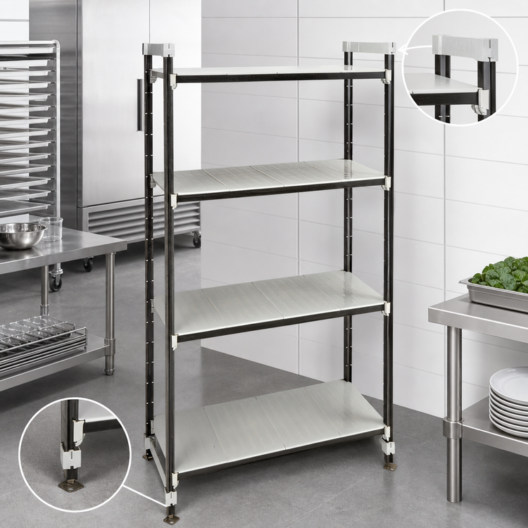 Product image #3 for Cambro Camshelving Elements XTRA 4-Shelf Solid High Density Top Rail Stationary Starter Unit, 21D x 36L x 81H, Speckled Gray