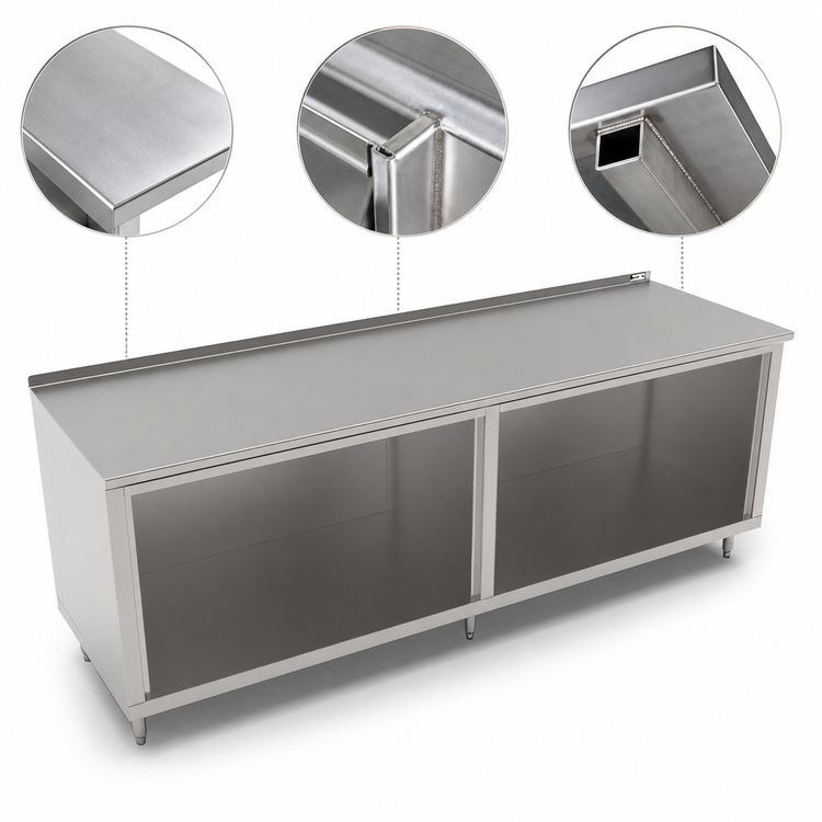 Product image #3 for John Boos 132 Inch x 24 Inch Open Front Cabinet Base Modular Work Table with 16-Gauge Stainless Steel Top and 1-1/2 Inch Rear Riser