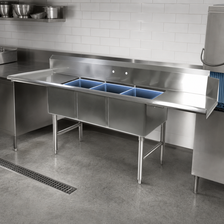 Product image #3 for John Boos 3-Compartment Straight Dishtable/Pot Sink with 2 Drainboards, Right-Side Dish Machine Attachment, and 10-Inch Backsplash
