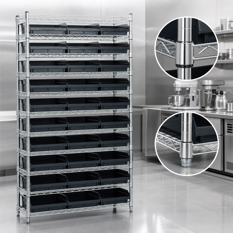Product image #3 for Quantum Conductive Wire Shelving Bin Storage System, 36 in. W x 24 in. D x 74 in. H, Chrome Plated