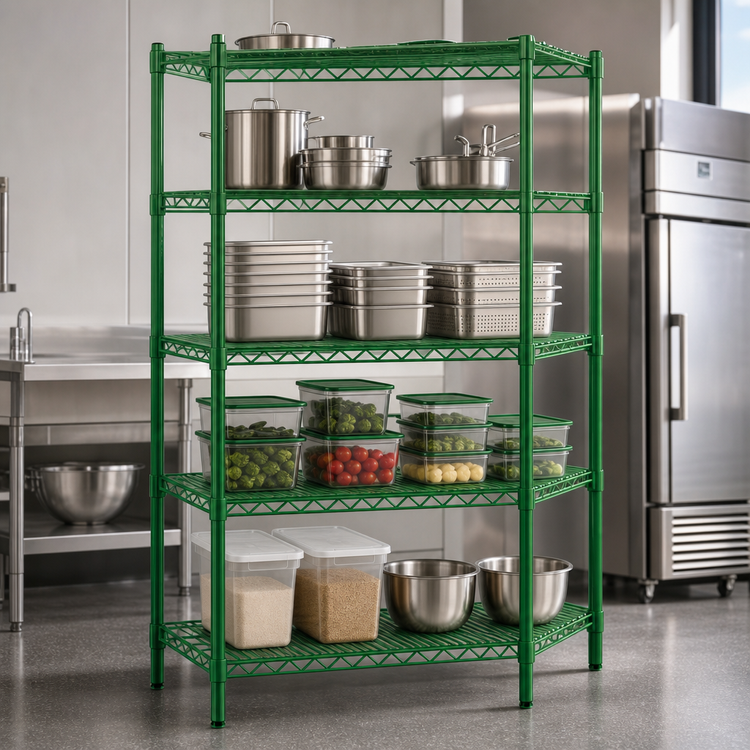 Product image #3 for Steel Works Stainless Heavy Duty 4-Tier Wire Shelving Unit, 54 x 14 x 74 Inches, Green Epoxy Coated