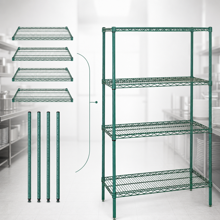 Product image #3 for Quantum Wire Shelving Starter Kit, 48"W x 30"D x 86"H, 4 Shelves, Green Epoxy Finish