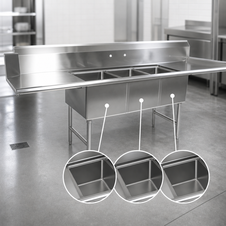 Product image #3 for John Boos Straight 3-Compartment Dishtable/Pot Sink with 2 Drainboards and Left Dish Machine Attachment