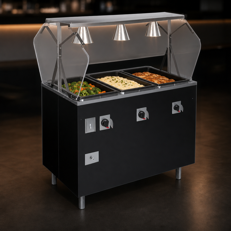 Product image #3 for Vollrath 2-Series Affordable Portable Deluxe 3-Well Mobile Hot Food Station with Breath Guard and Lights