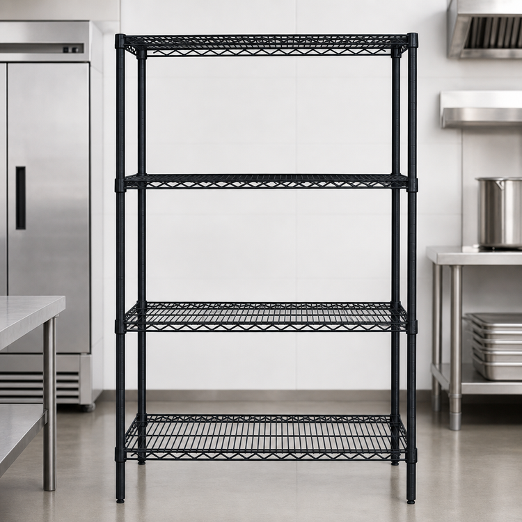 Product image #3 for Quantum 4-Shelf Stationary Wire Shelving Starter Kit, 54 Inch W x 24 Inch D x 86 Inch H, Black Epoxy Antimicrobial Finish