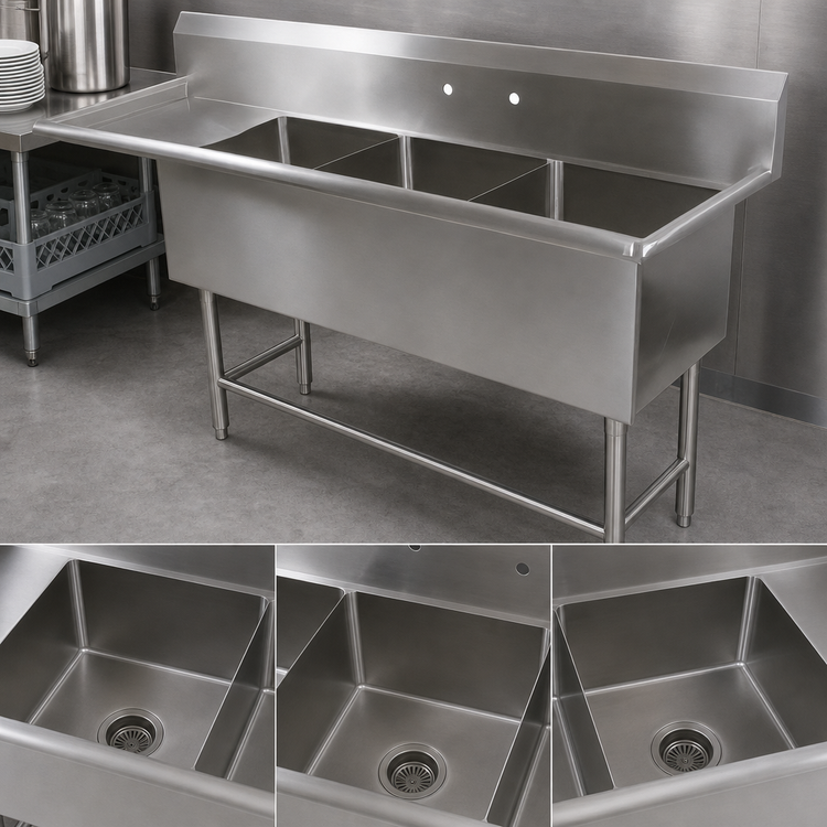 Product image #3 for John Boos Pro-Bowl 3-Compartment Sink With 18-Inch Left Drainboard, 70-3/16-Inch W x 25-1/2-Inch D, 14-Gauge Stainless Steel