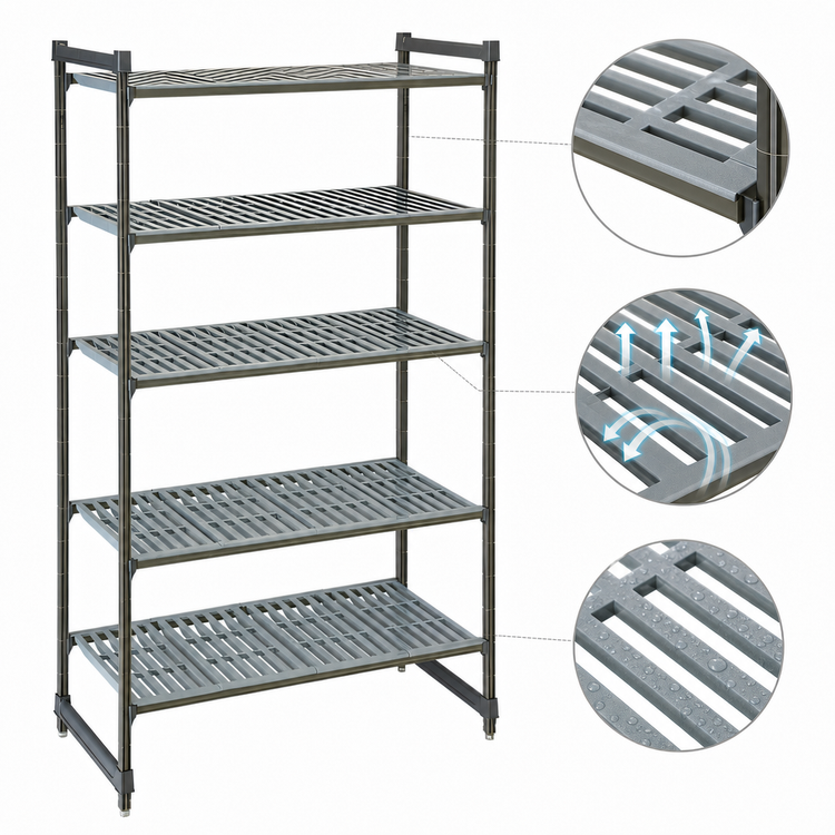 Product image #3 for Cambro Camshelving Basics Plus 42"W x 24"D x 84"H 5-Tier Stationary Louvered Polymer Shelving Starter Unit, Brushed Graphite