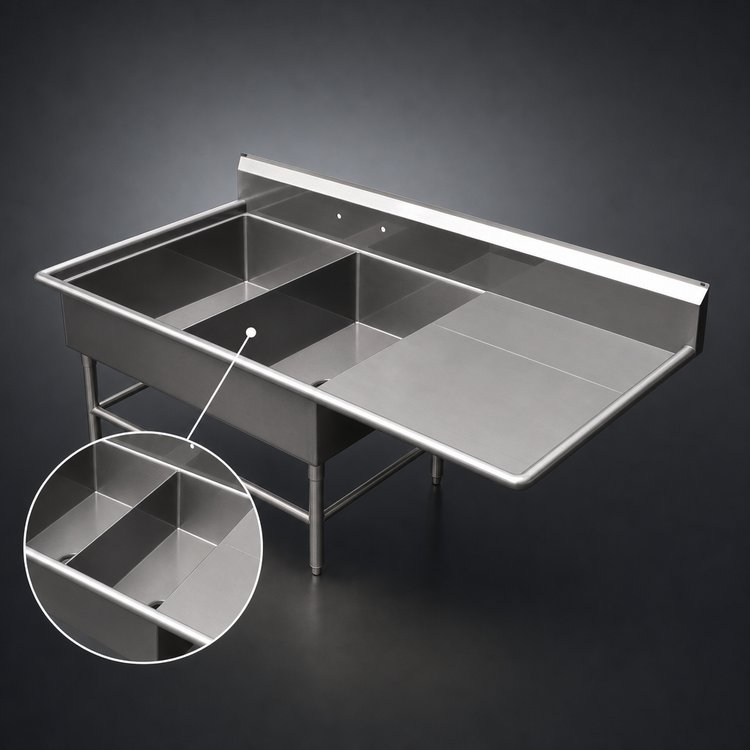 Product image #3 for John Boos Pro-Bowl 2-Compartment Commercial Sink with Right Drainboard, 20 x 28 x 12-Inch Bowls, 64-3/16-Inch Wide