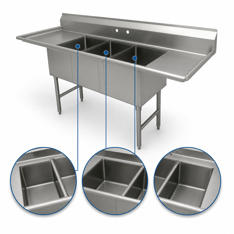 Product image #3 for Advance Tabco Fabricated 3-Compartment Sink with Left & Right Drainboards, 84 Inch, 16 Gauge 304 Stainless Steel