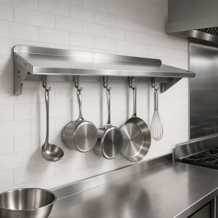Product image #3 for John Boos Stallion Wall-Mount Pot Rack Shelf with 2 Hooks, 24 x 18 x 13 Inches, Stainless Steel