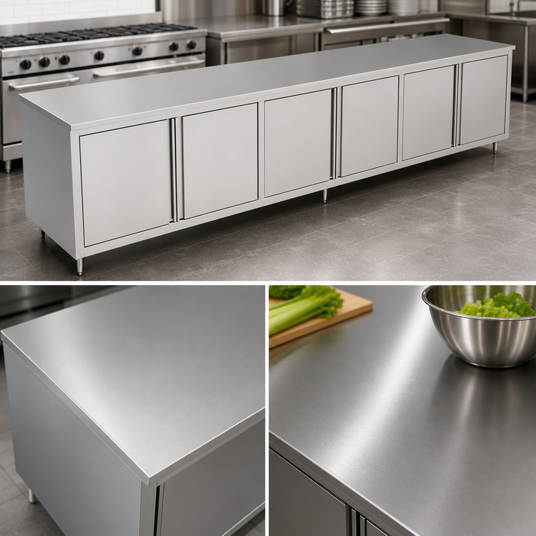 Product image #3 for John Boos 132-Inch x 24-Inch Stainless Steel Cabinet Base Enclosed Work Table with Flat Top and 3 Hinged Door Sets