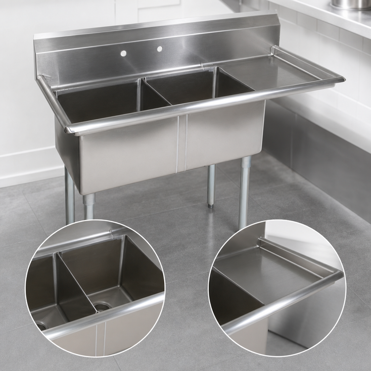 Product image #3 for John Boos E-Series 2-Compartment Stainless Steel Sink with Right Drainboard and Backsplash