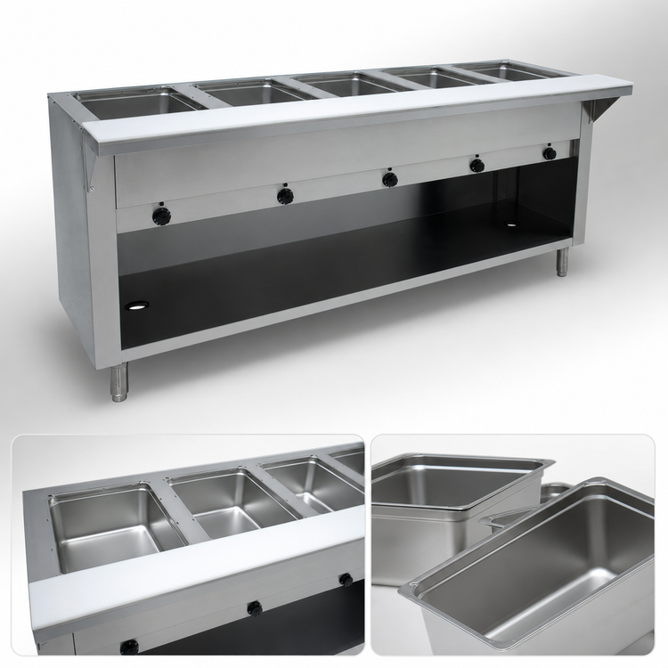 Product image #3 for Advance Tabco Triumph Supreme Electric 5-Well Sealed-Well Hot Food Table with Poly Cutting Board and Open Cabinet Base