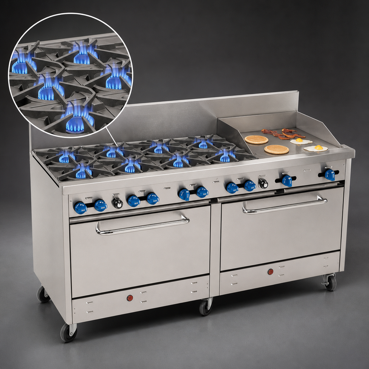 Product image #3 for Comstock-Castle 72-Inch Commercial Gas Range with 8 Star Burners, 24-Inch Griddle, and 2 Ovens