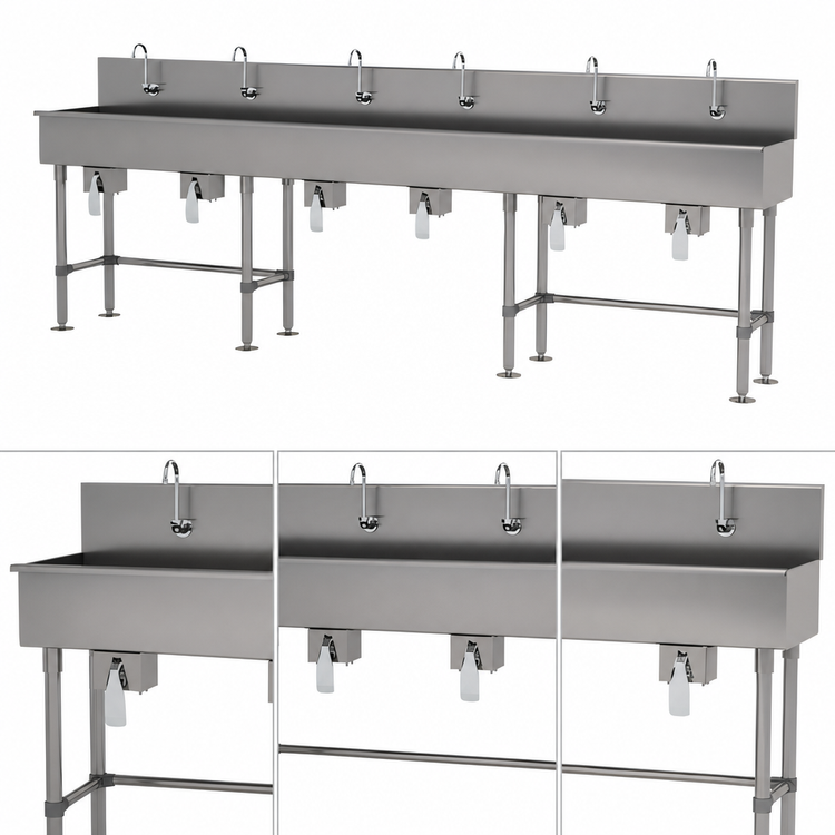 Product image #3 for Advance Tabco 6-Station Floor-Mounted Multiwash Hand Sink with Knee Valves, 120-Inch Wide