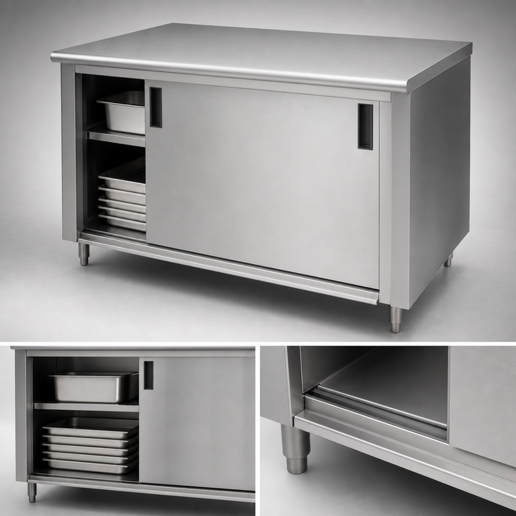 Product image #3 for Advance Tabco Special Value Economy Enclosed Work Table with Cabinet Base and Sliding Doors, 60" W x 24" D, 16 Gauge 304 Stainless Steel Top