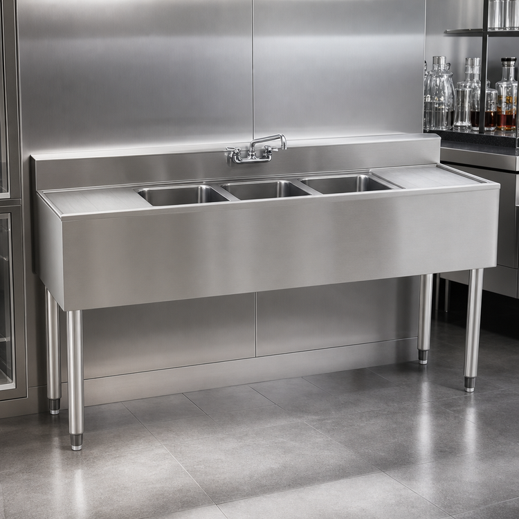 Product image #3 for 1800 Series Three-Compartment Underbar Sink Unit with Left and Right Drainboards, 60 Inch 304 Stainless Steel