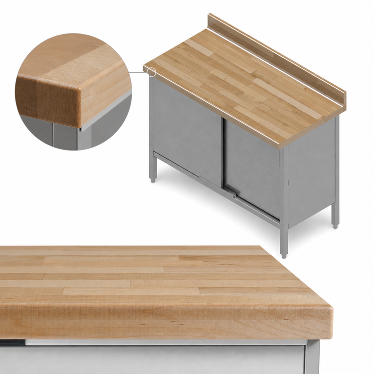 Product image #3 for John Boos 48" x 30" Wood Top Work Table with Cabinet Base, Sliding Doors, 1-3/4" Maple Top, and 4" Back Riser