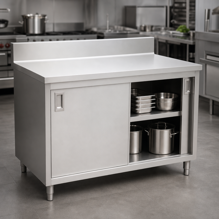 Product image #3 for Omcan USA 72-Inch x 30-Inch Stainless Steel Enclosed Work Table with Cabinet Base, Sliding Doors, and 6-Inch Backsplash