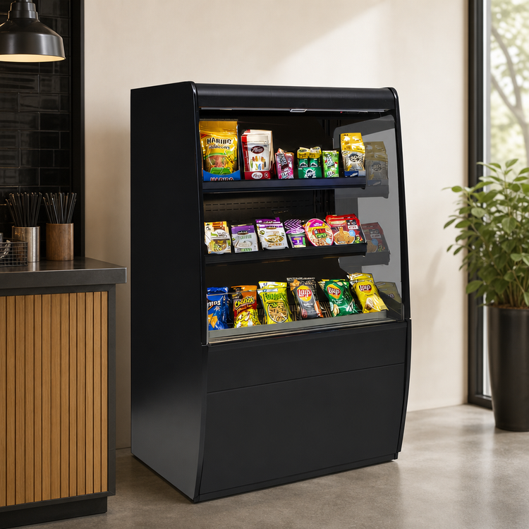Product image #3 for Federal Industries Vision Series Non-Refrigerated Self-Serve High Profile Merchandiser, 24 Inch Wide x 33 Inch Deep x 60 Inch High, Black, Curved Ends