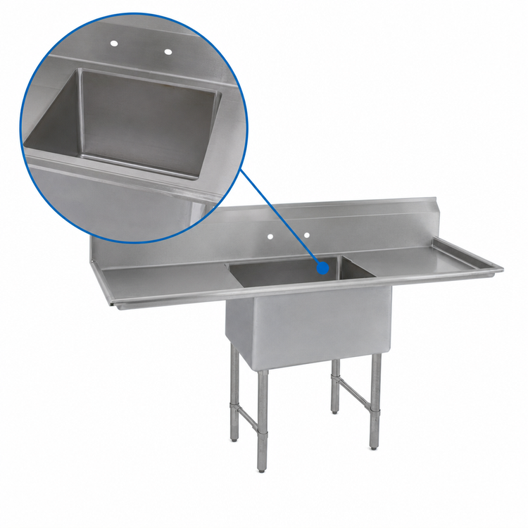 Product image #3 for BK Resources One Compartment Double Drainboard Stainless Steel Sink, 54 Inch Wide, 18 x 18 x 12 Inch Bowl