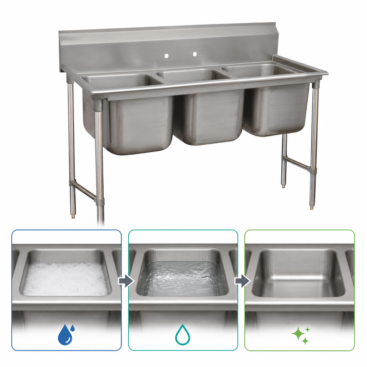 Product image #3 for Advance Tabco Special Value Series Regaline 3-Compartment Sink with 20 x 16 x 12-Inch Bowls and Galvanized Open Frame Base